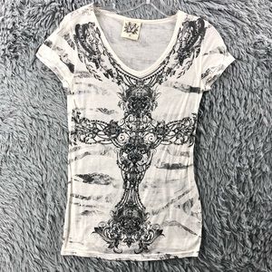 Miss Me Shirt Womens Medium Vneck Cross Embellished Gray White Top